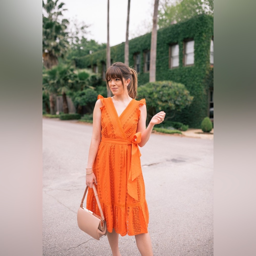 J. Crew Orange Eyelet Cotton Wrap Midi Dress Summer Party Fiesta